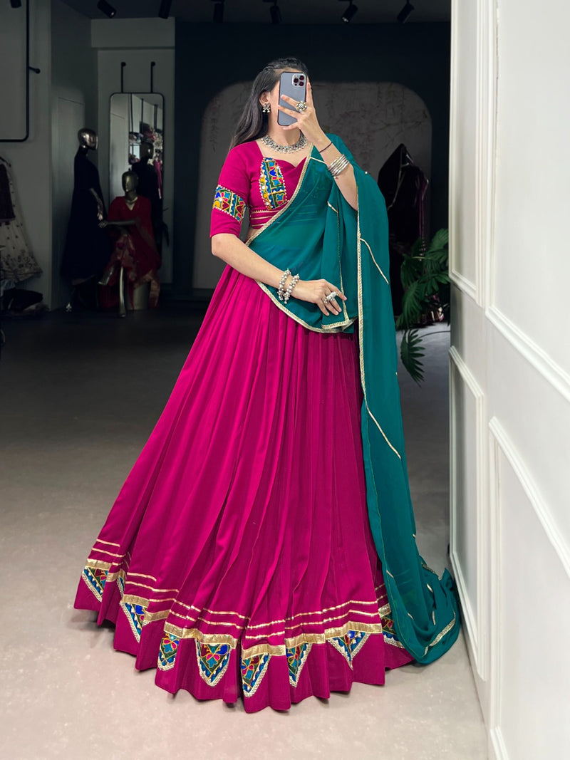 Womenline Elegant Pink Color Rayon Lehenga Choli With Colorful Gamthi Patch