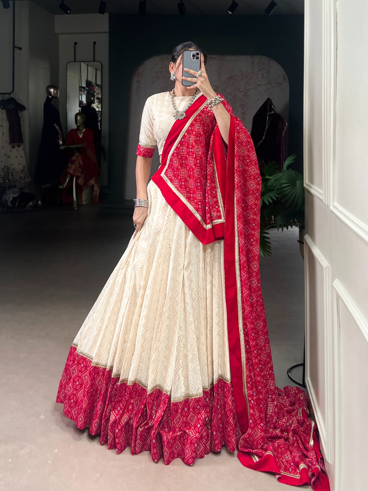 Womenline Off White Cotton Navratri Lehenga Choli