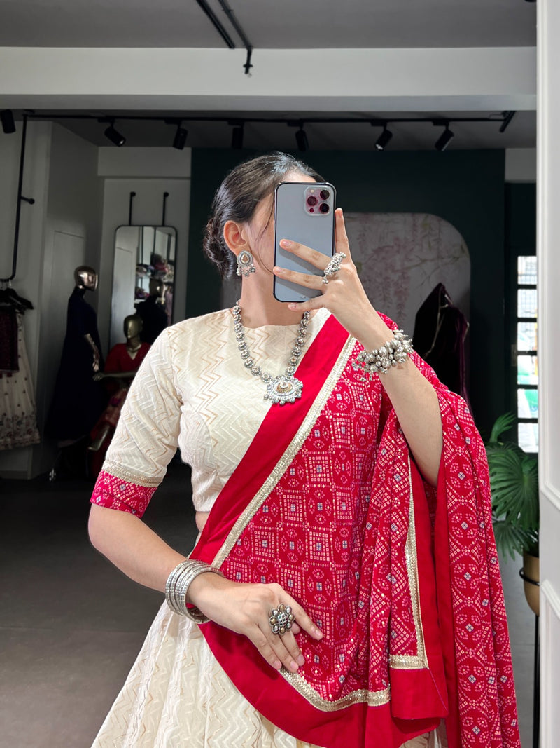 Womenline Off White Cotton Navratri Lehenga Choli