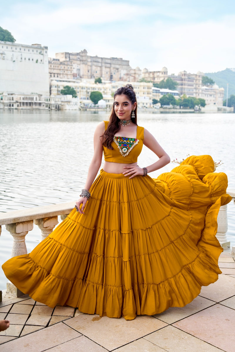 Womenline Elegant Mustard Color Pure Rayon Navratri Lehenga Choli