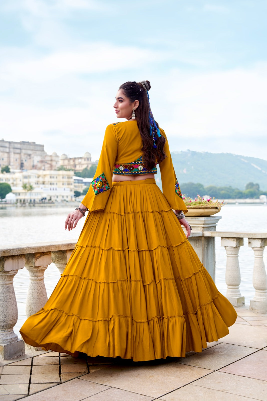 Womenline Elegant Mustard Color Pure Rayon Navratri Lehenga Choli