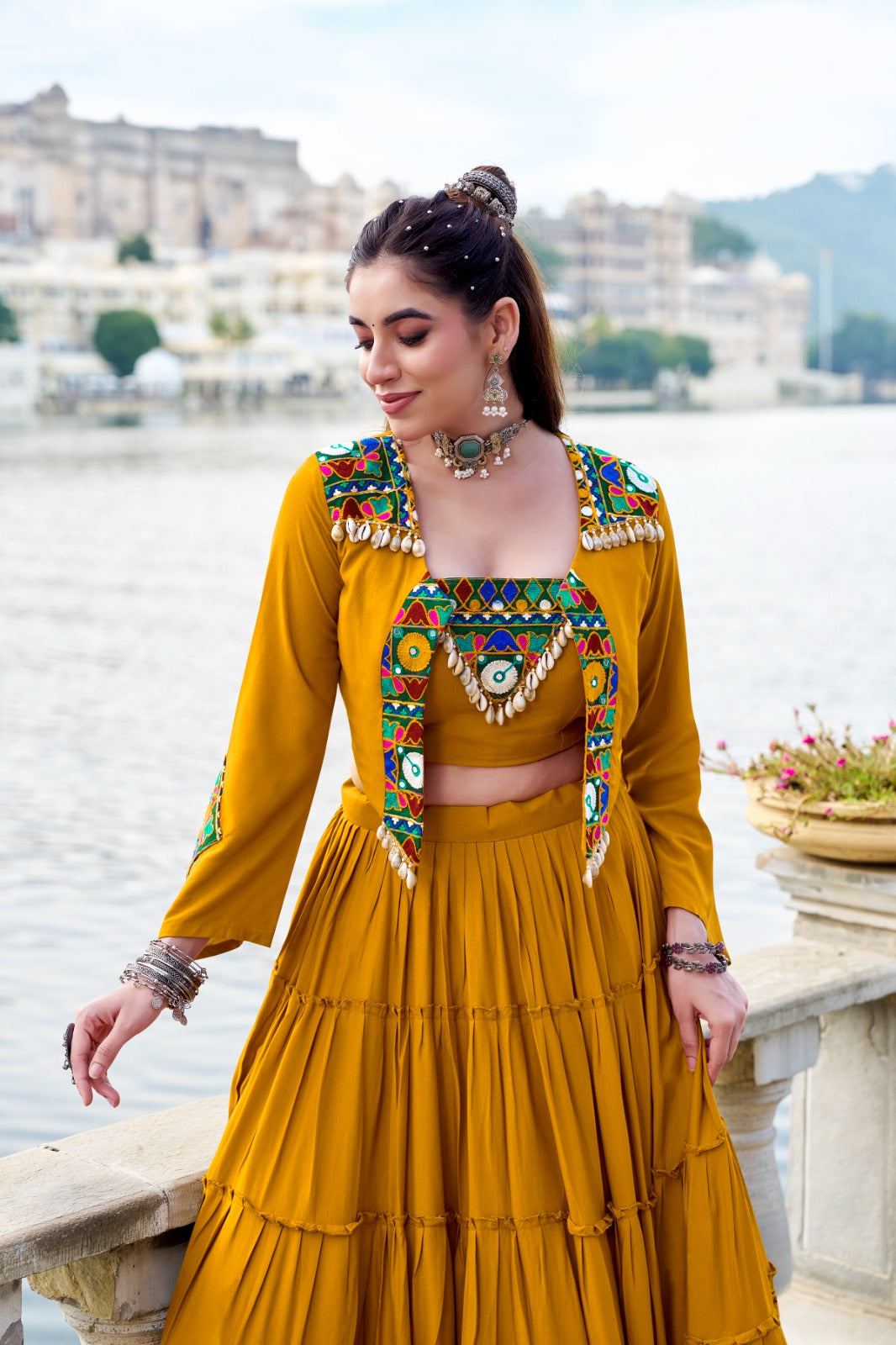 Womenline Elegant Mustard Color Pure Rayon Navratri Lehenga Choli