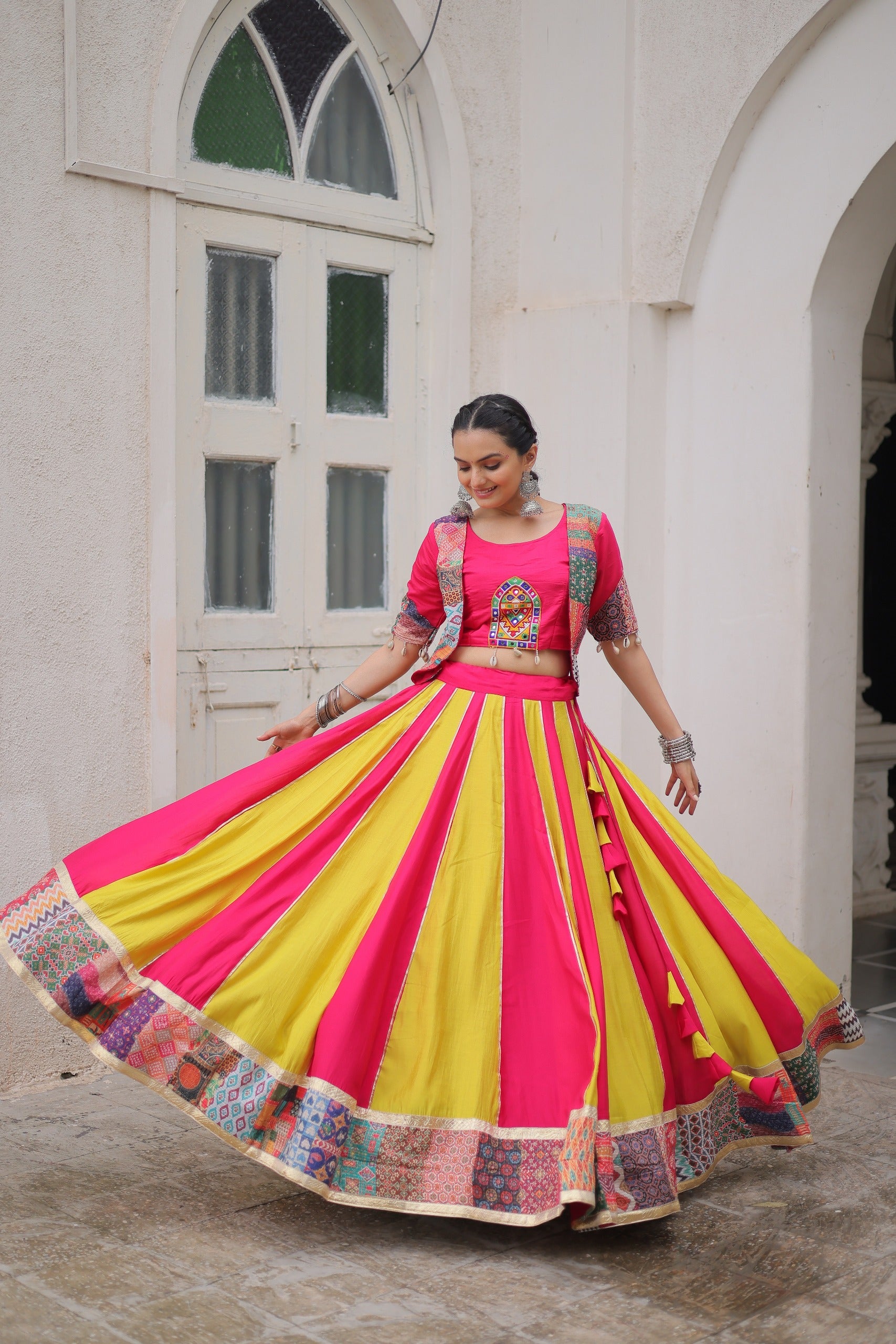 Womenline Yellow and Pink Color Roman Navratri Lehenga Choli
