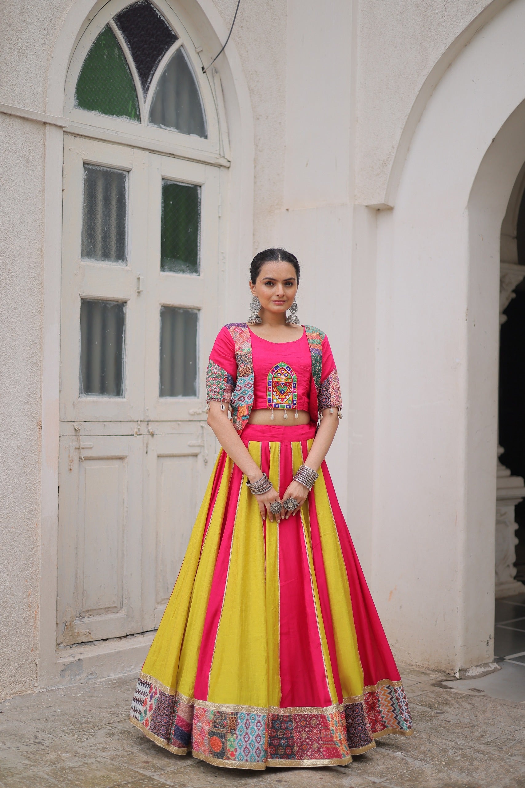 Womenline Yellow and Pink Color Roman Navratri Lehenga Choli