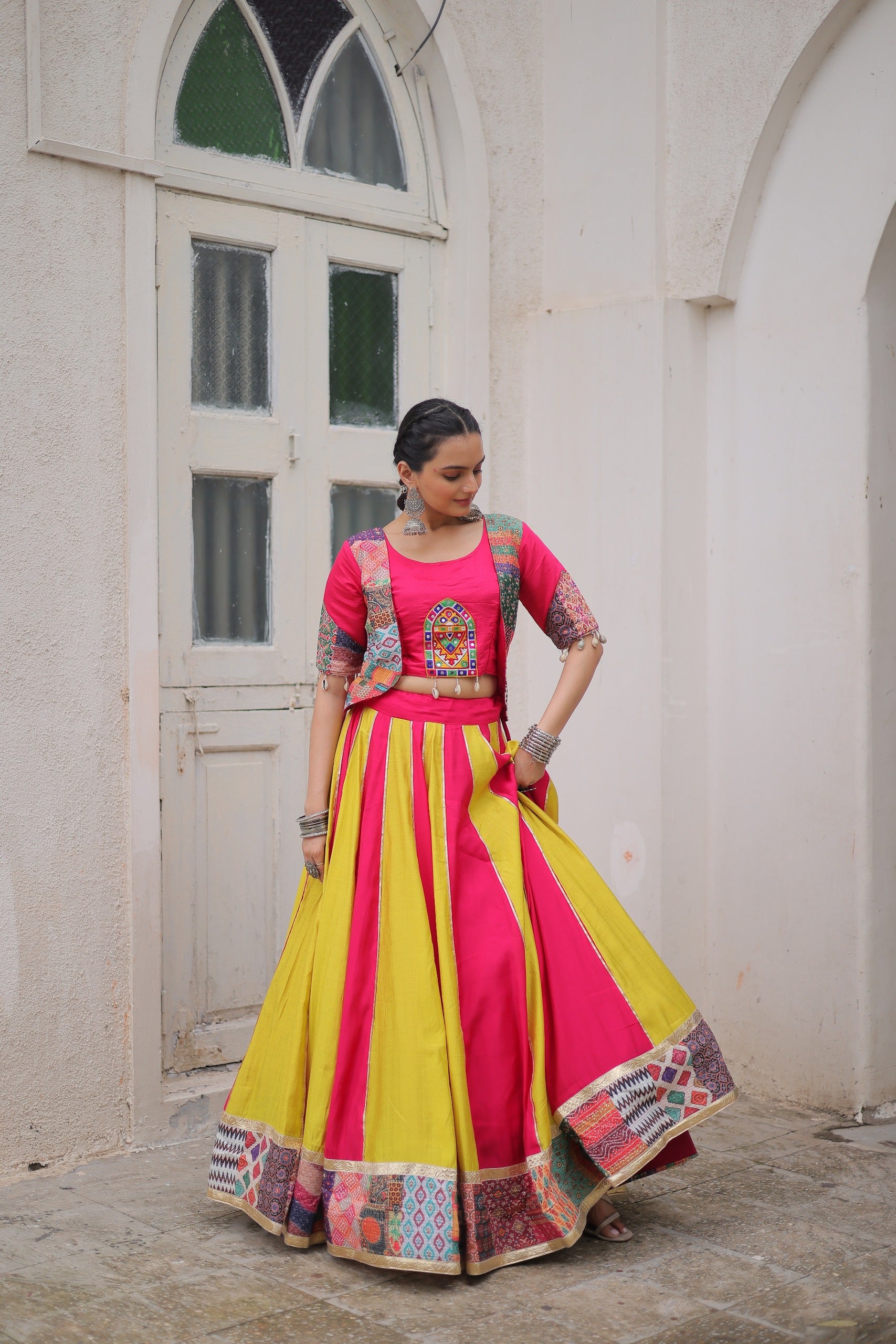 Womenline Yellow and Pink Color Roman Navratri Lehenga Choli