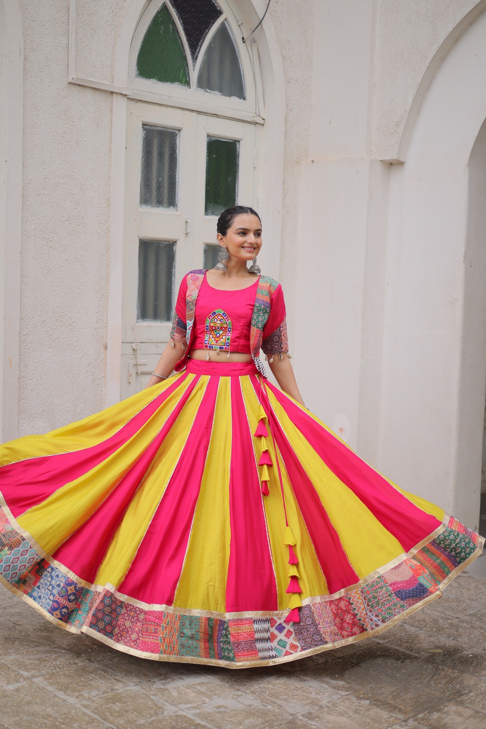 Womenline Yellow and Pink Color Roman Navratri Lehenga Choli
