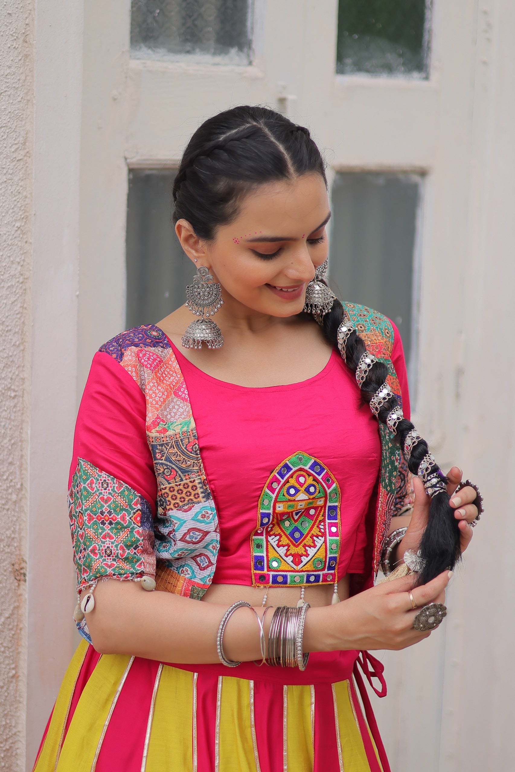 Womenline Yellow and Pink Color Roman Navratri Lehenga Choli