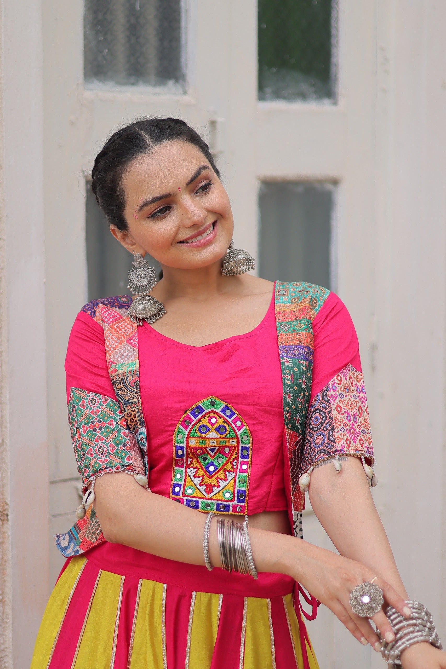 Womenline Yellow and Pink Color Roman Navratri Lehenga Choli