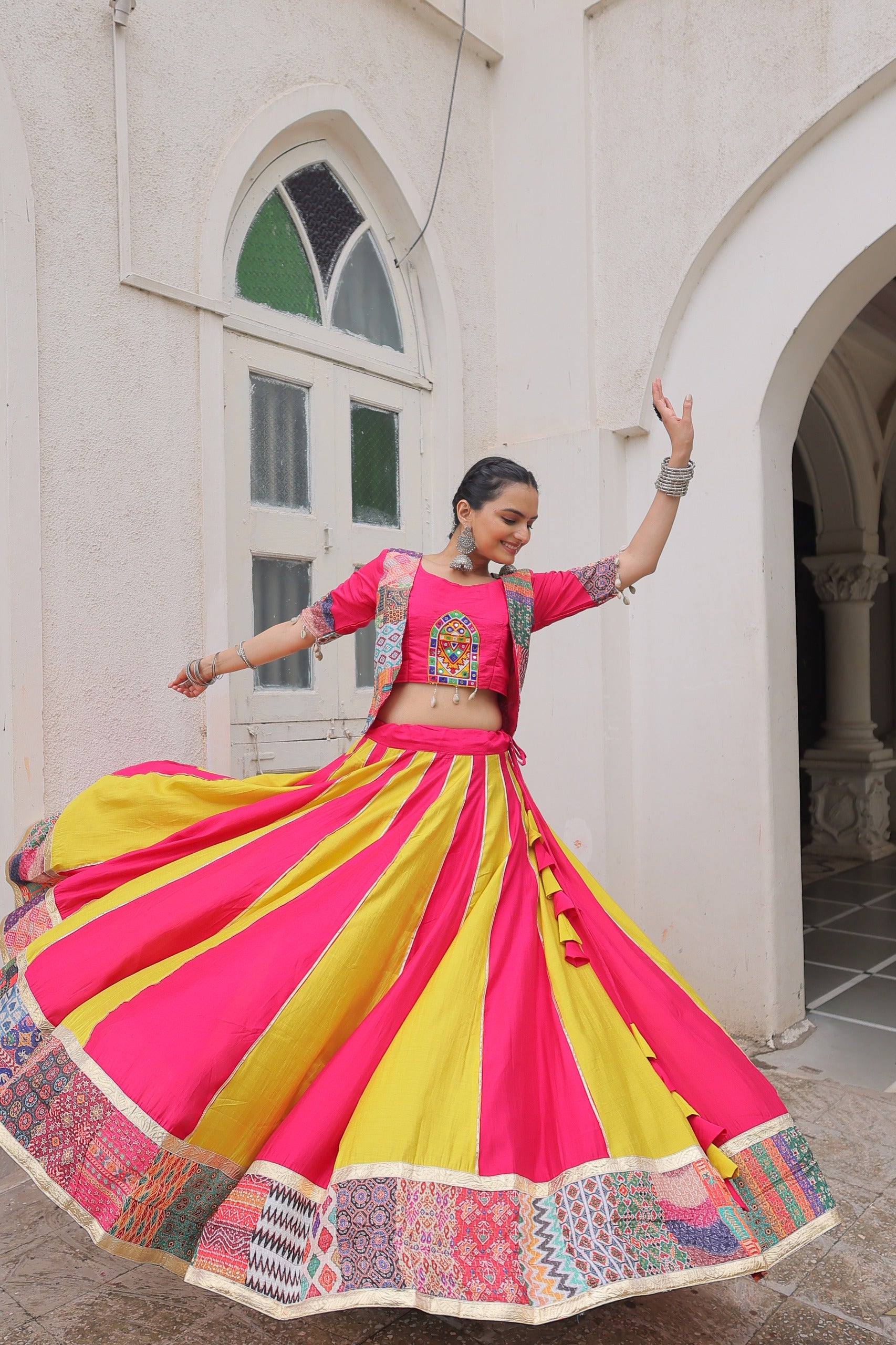 Womenline Yellow and Pink Color Roman Navratri Lehenga Choli