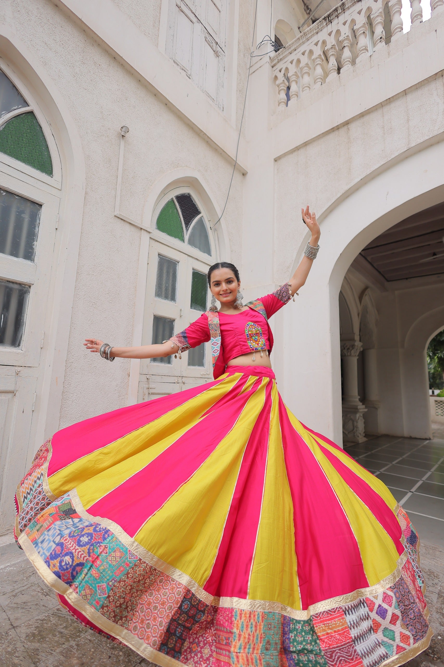 Womenline Yellow and Pink Color Roman Navratri Lehenga Choli