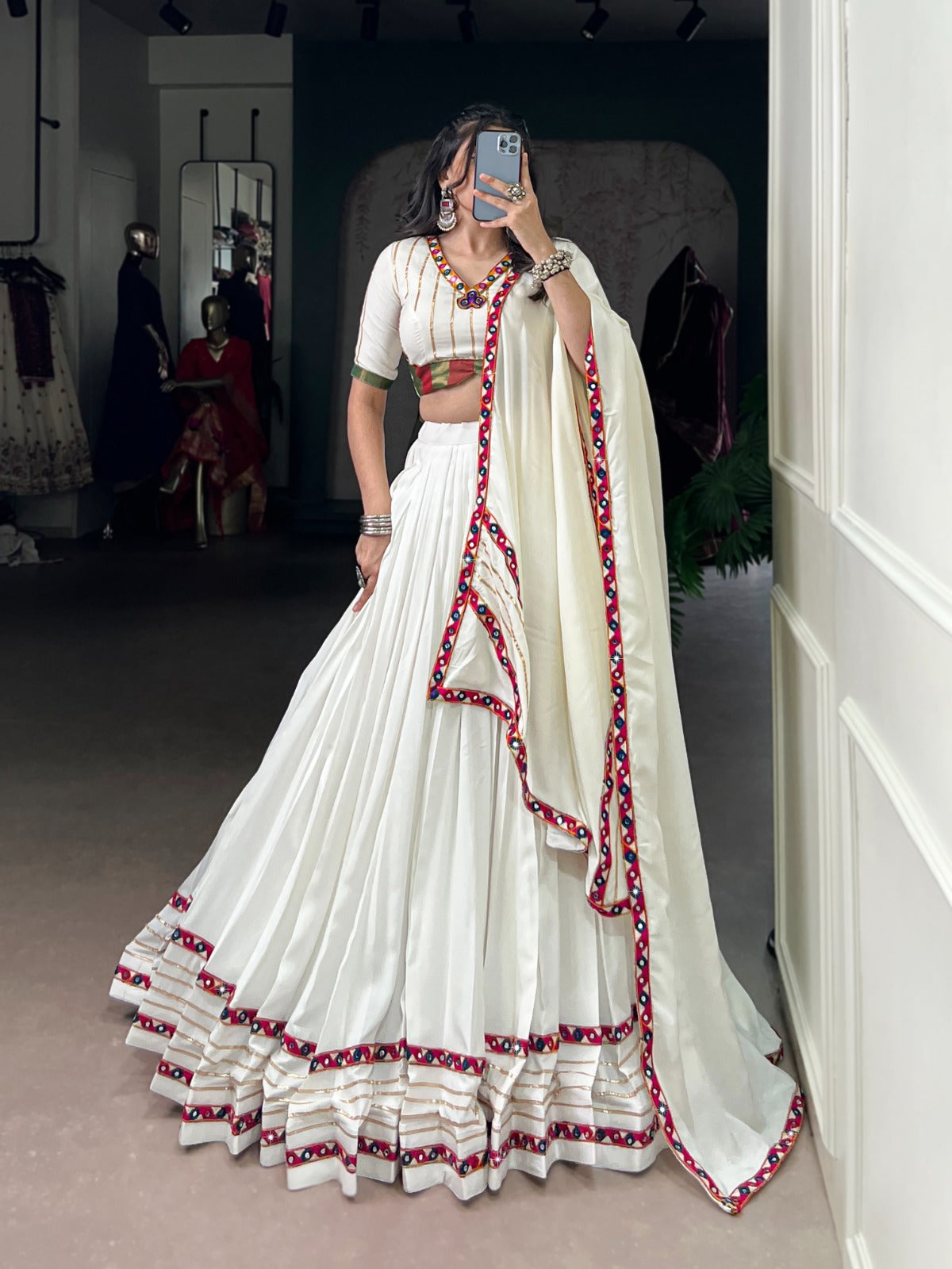 Womenline Elegant White Color Pure Rayon Navratri Lehenga Choli