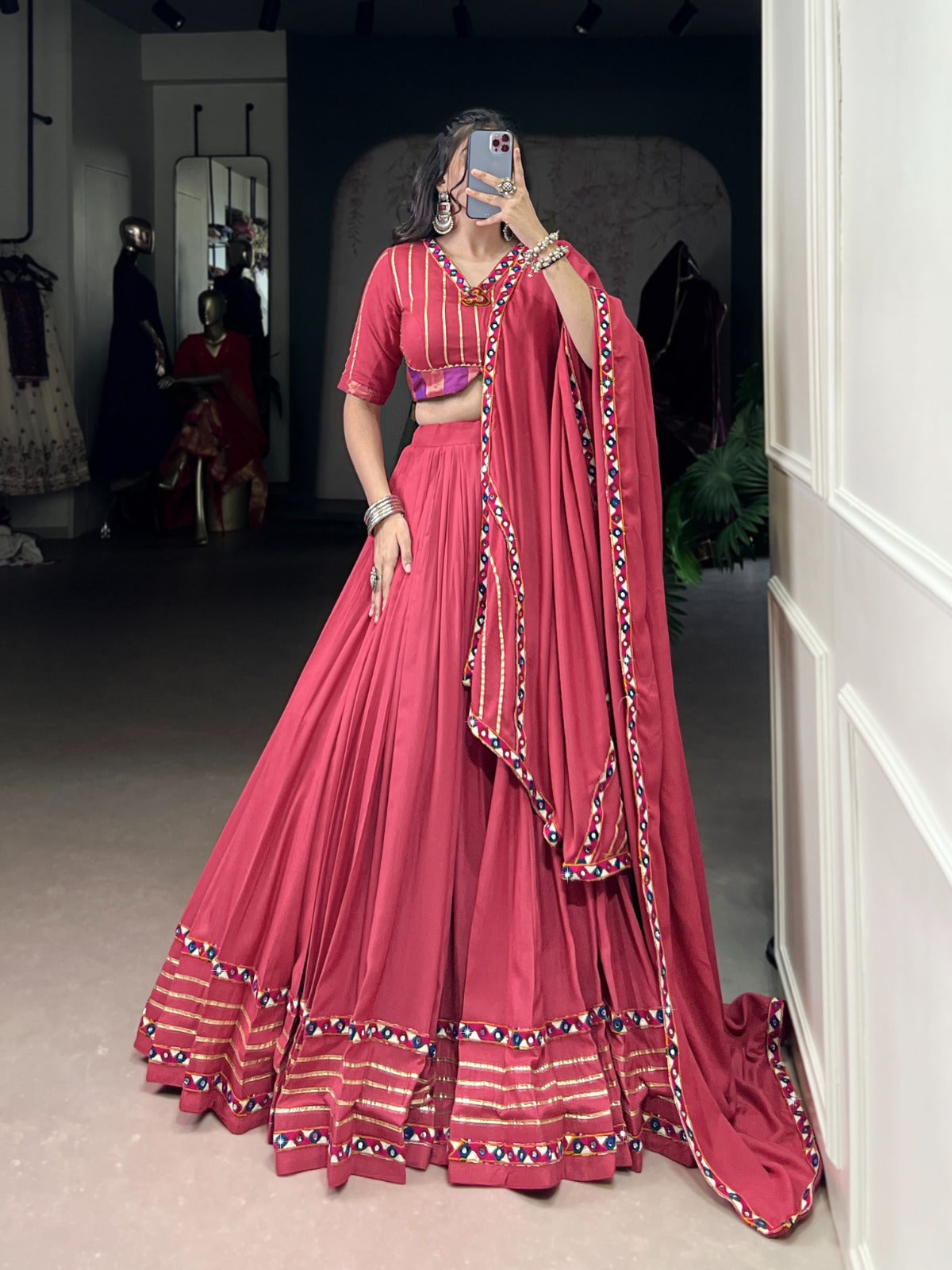 Womenline Elegant Dark Pink Color Pure Rayon Navratri Lehenga Choli