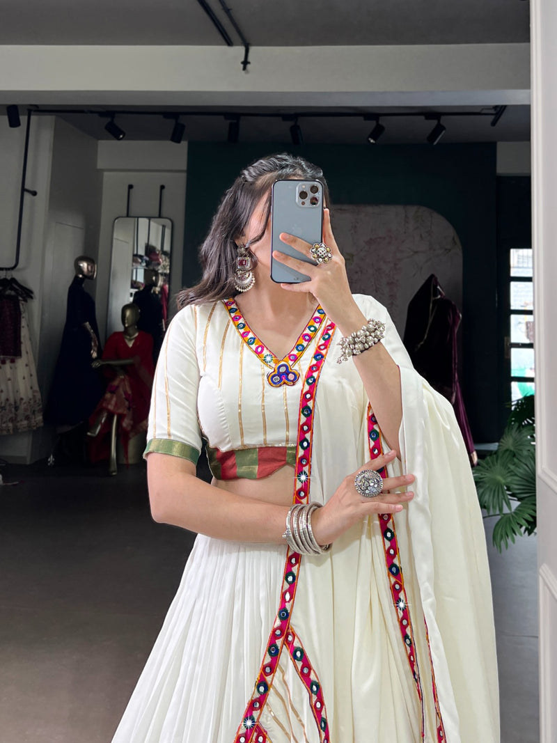 Womenline Elegant White Color Pure Rayon Navratri Lehenga Choli