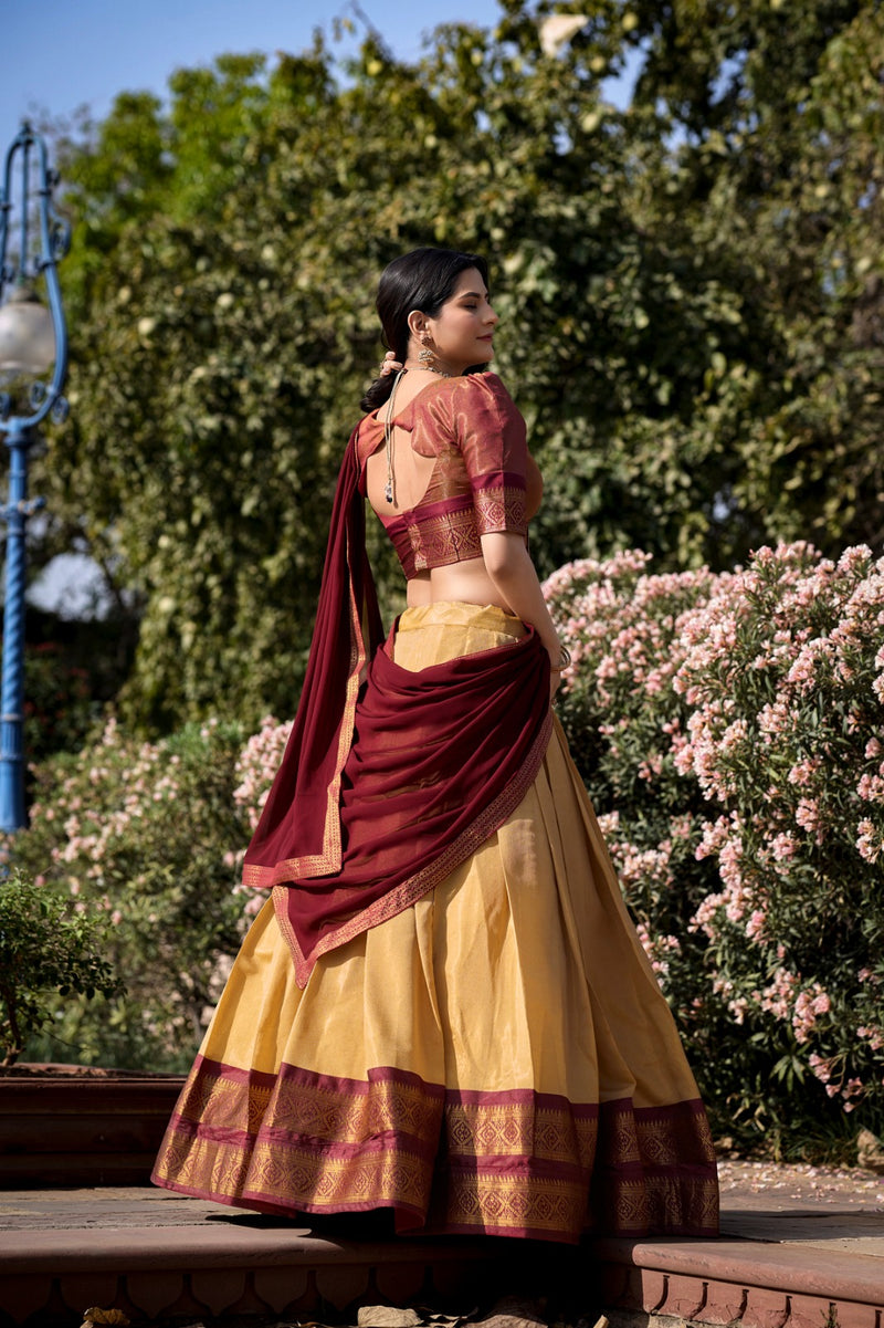 Womenline Cream Color Kanchipuram Silk Designer Half Saree