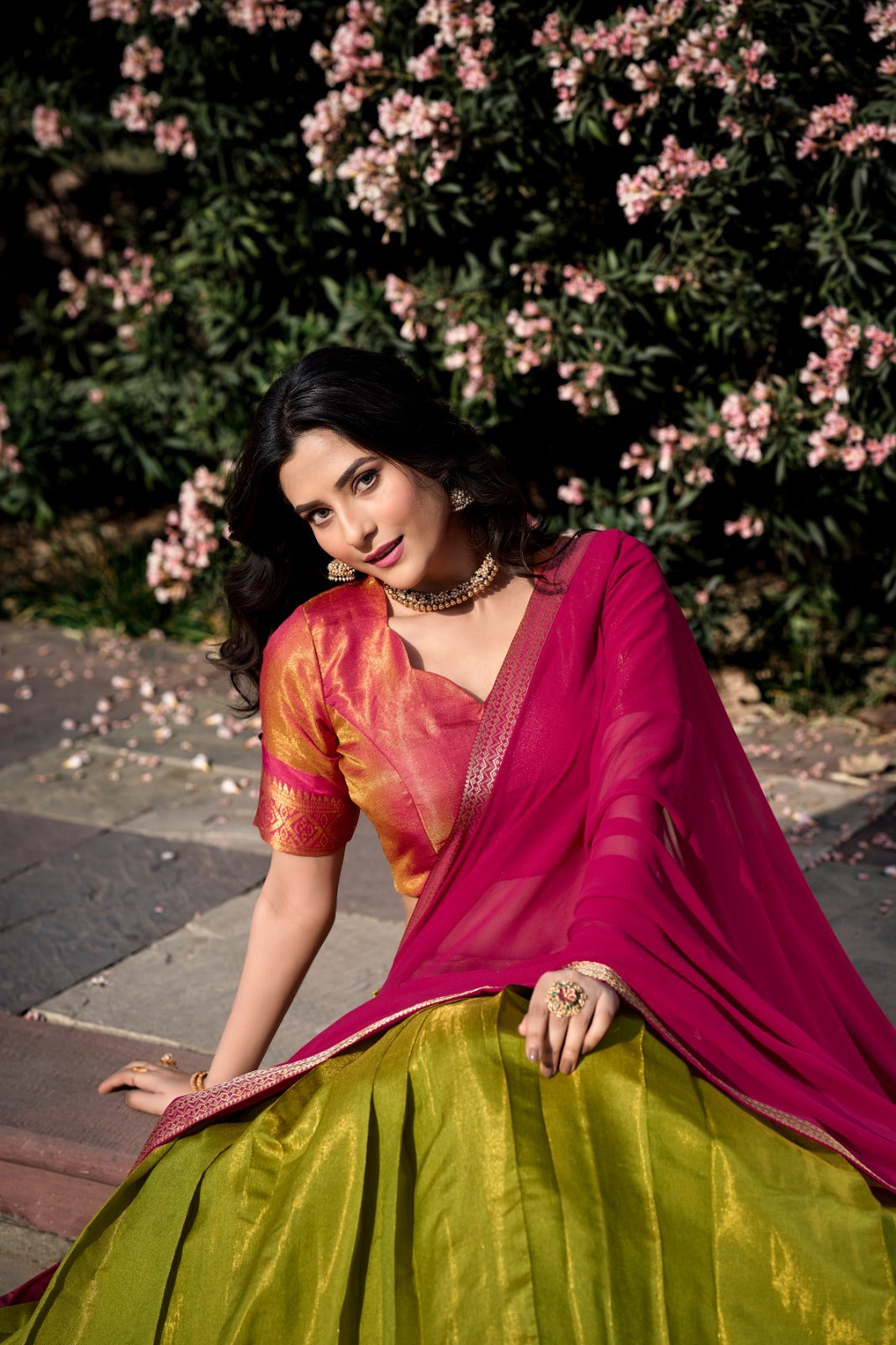 Womenline Pista Color Kanchipuram Silk Designer Half Saree