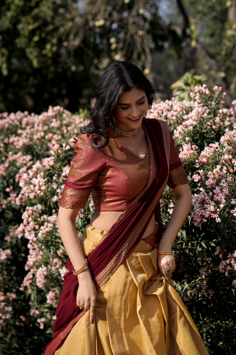 Womenline Cream Color Kanchipuram Silk Designer Half Saree