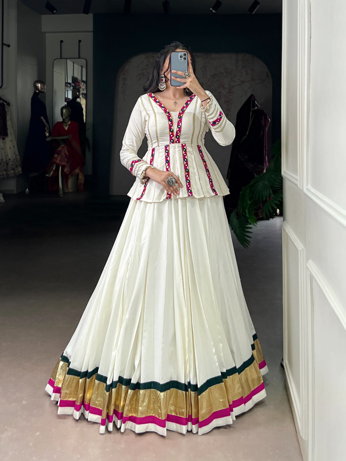 Womenline White Color Pure Rayon Embossed Navratri Lehenga Choli