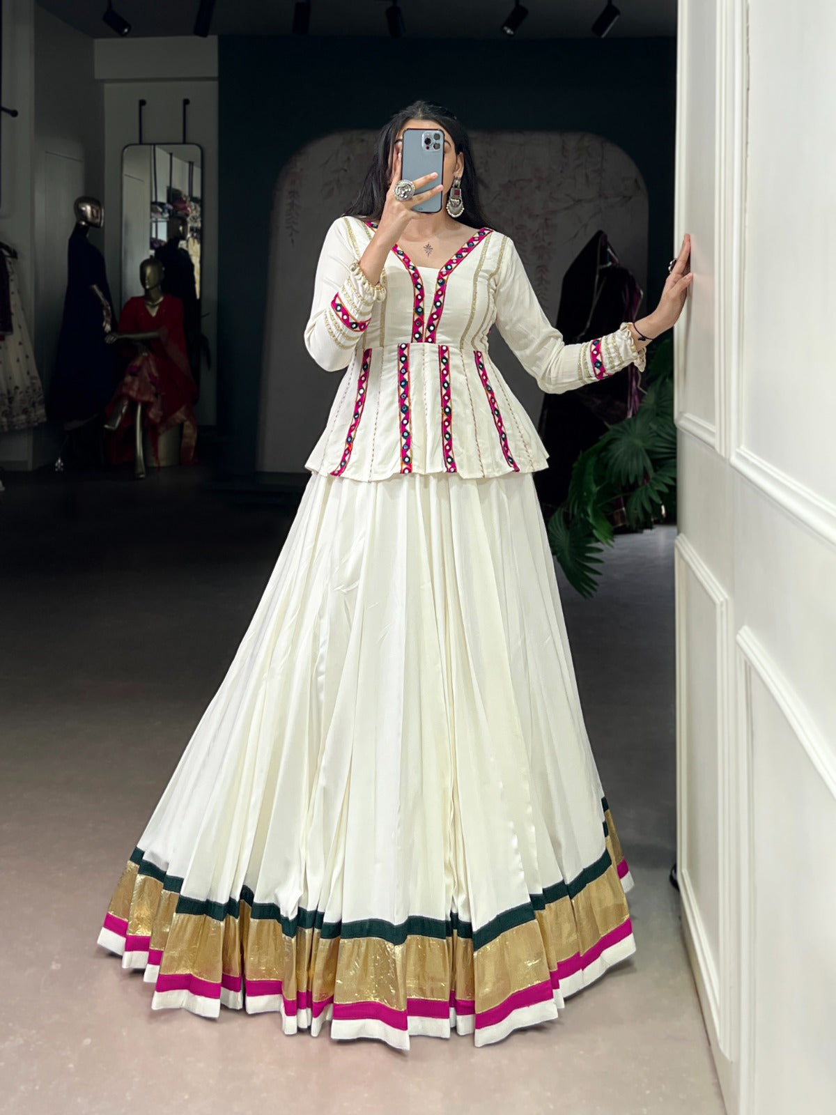 Womenline White Color Pure Rayon Embossed Navratri Lehenga Choli