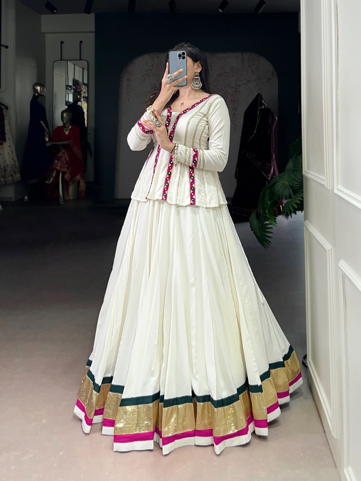 Womenline White Color Pure Rayon Embossed Navratri Lehenga Choli