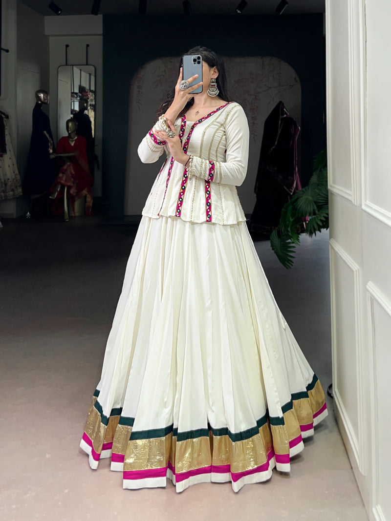 Womenline White Color Pure Rayon Embossed Navratri Lehenga Choli