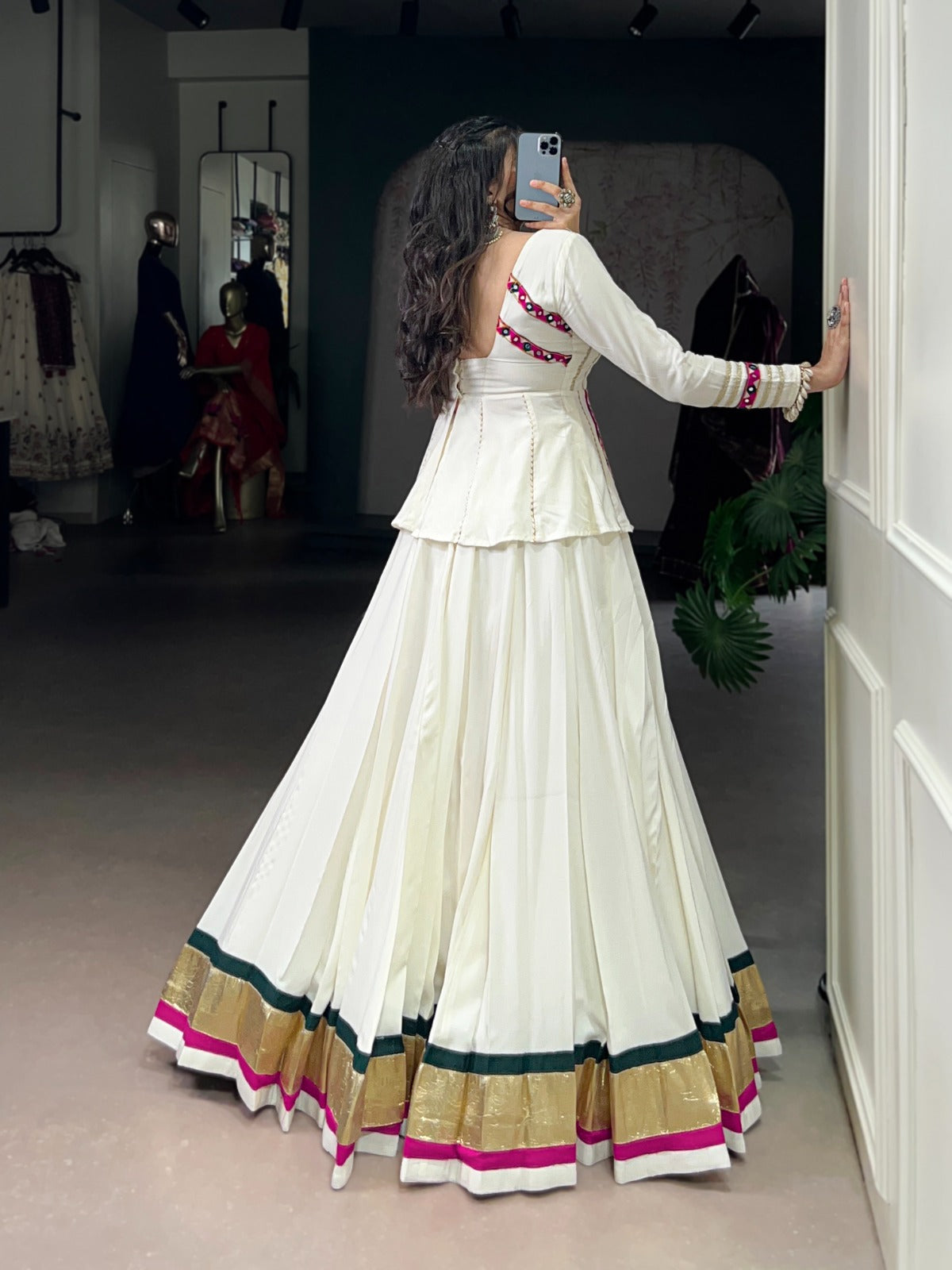 Womenline White Color Pure Rayon Embossed Navratri Lehenga Choli