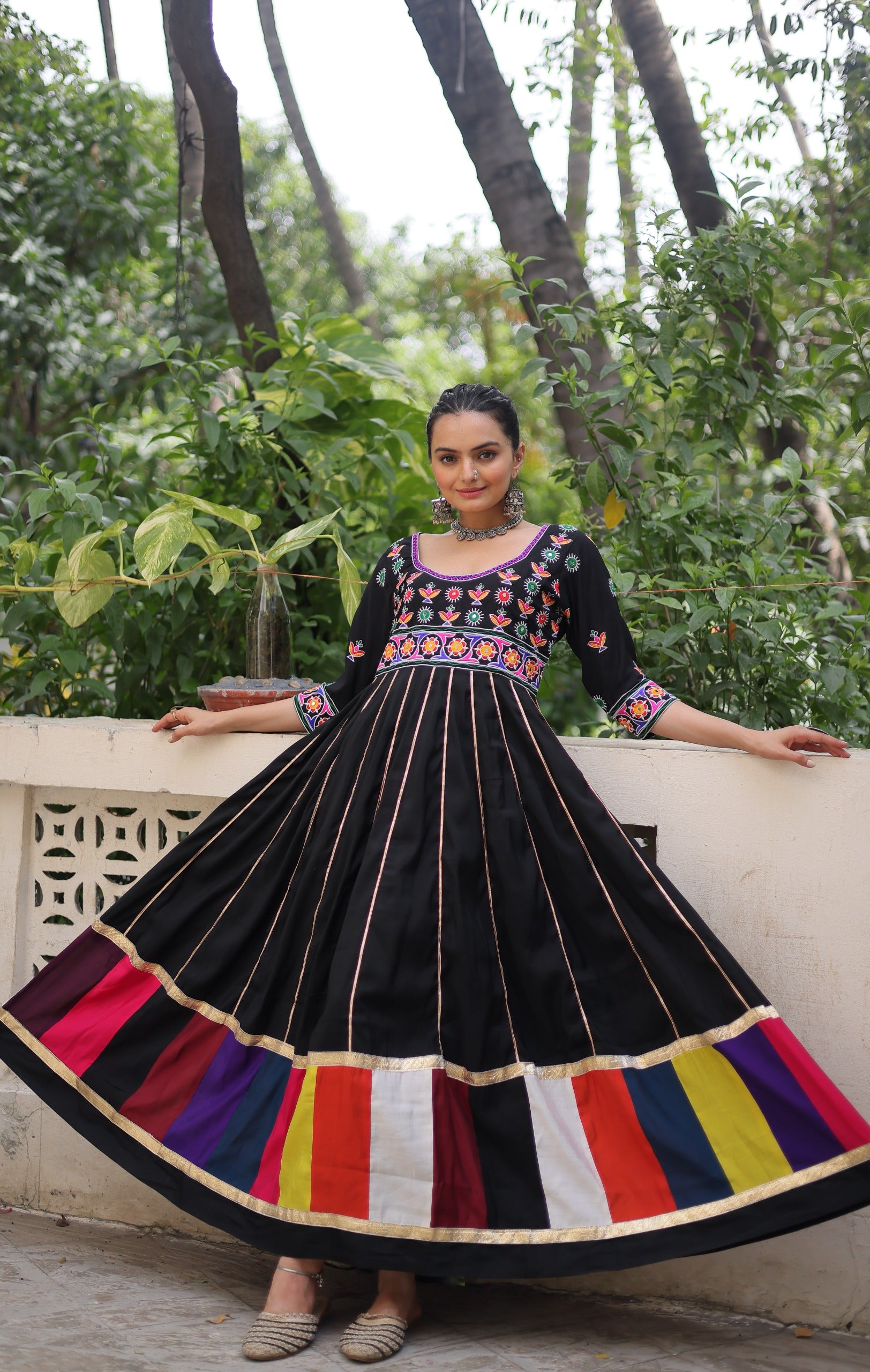 Womenline Black Color Roman Navratri Gown