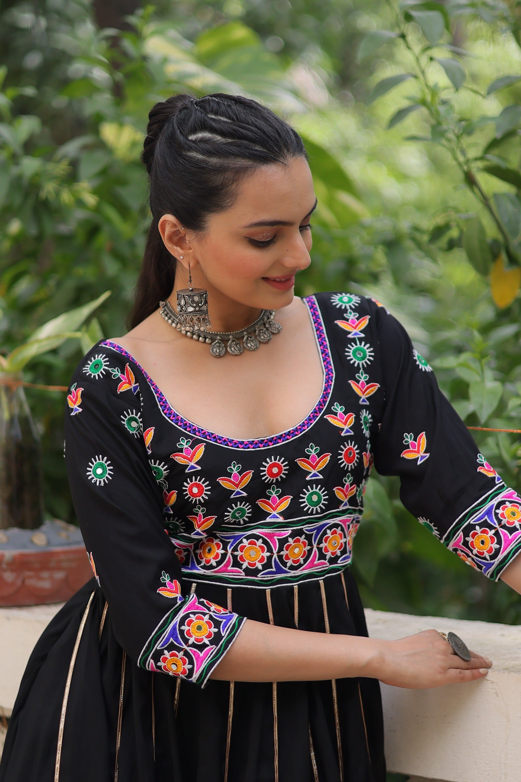 Womenline Black Color Roman Navratri Gown