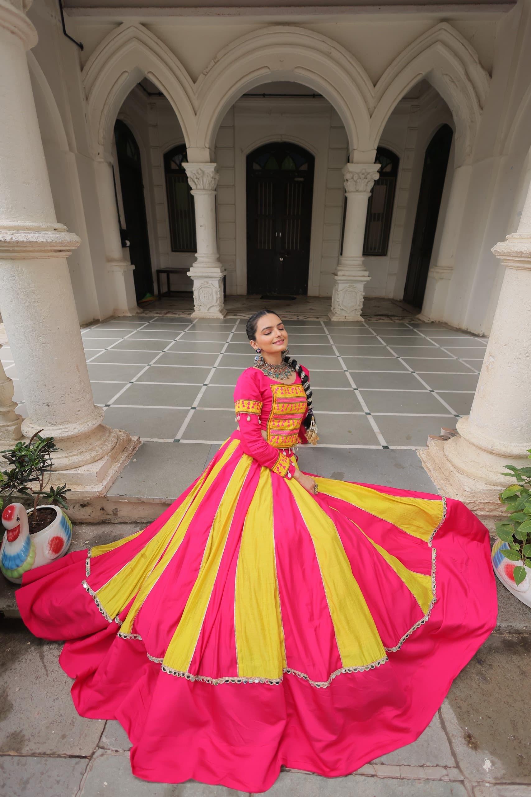 Womenline Dual Tone Pink and Yellow Color Roman Navratri Lehenga Choli