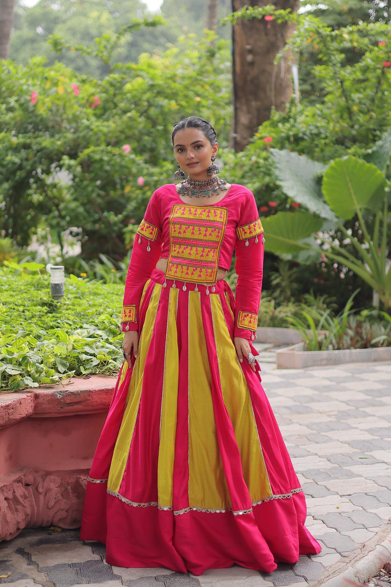 Womenline Dual Tone Pink and Yellow Color Roman Navratri Lehenga Choli