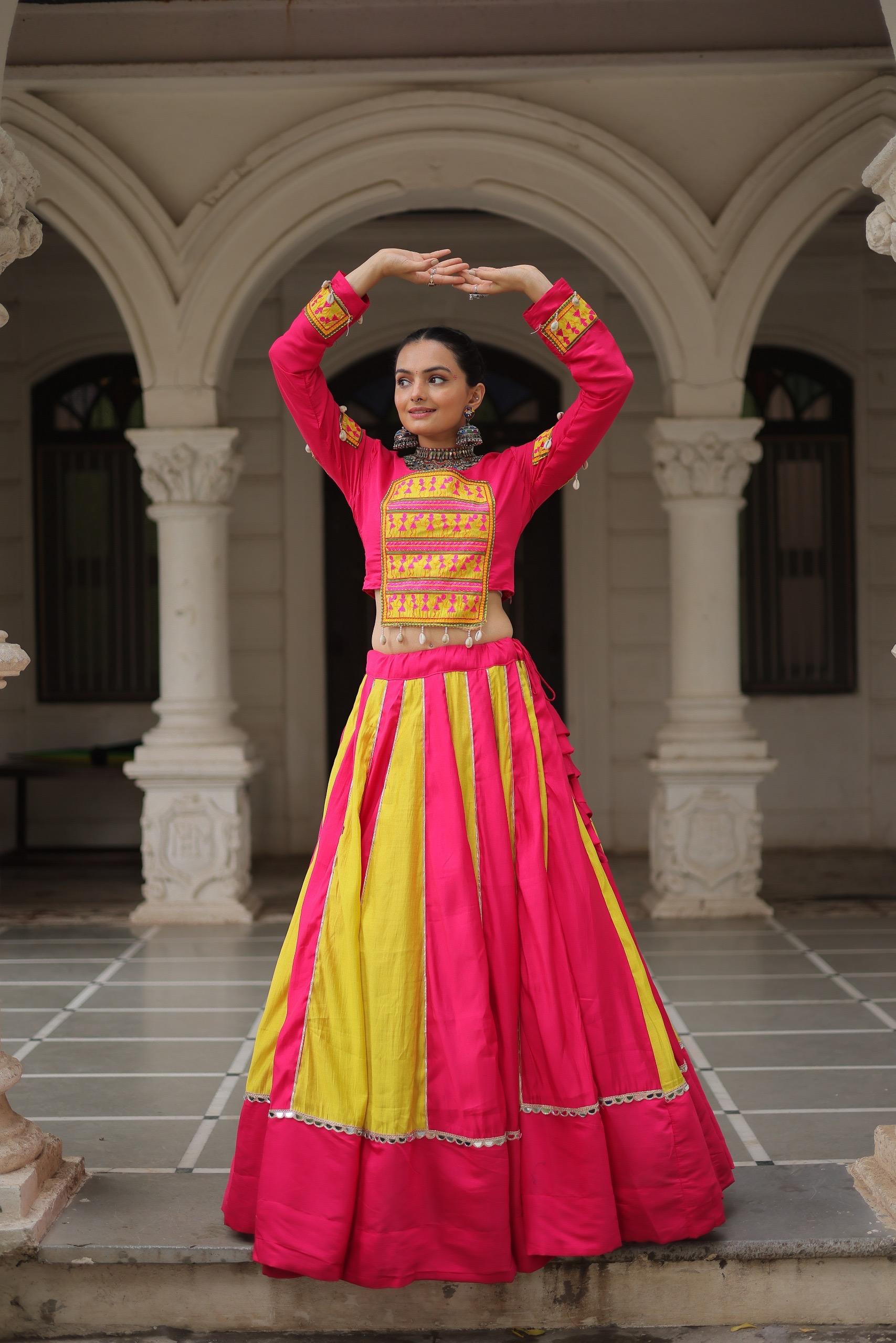 Womenline Dual Tone Pink and Yellow Color Roman Navratri Lehenga Choli