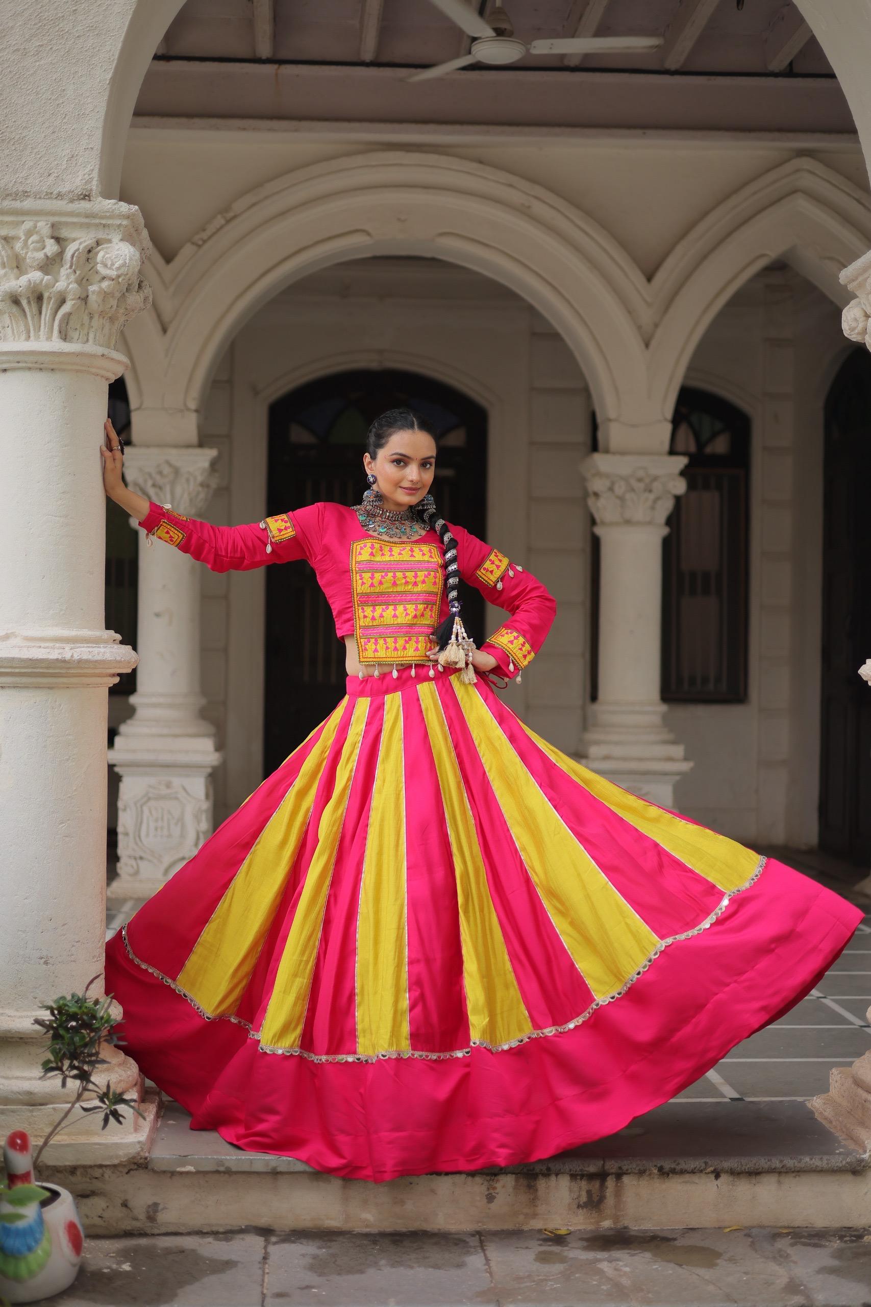 Womenline Dual Tone Pink and Yellow Color Roman Navratri Lehenga Choli
