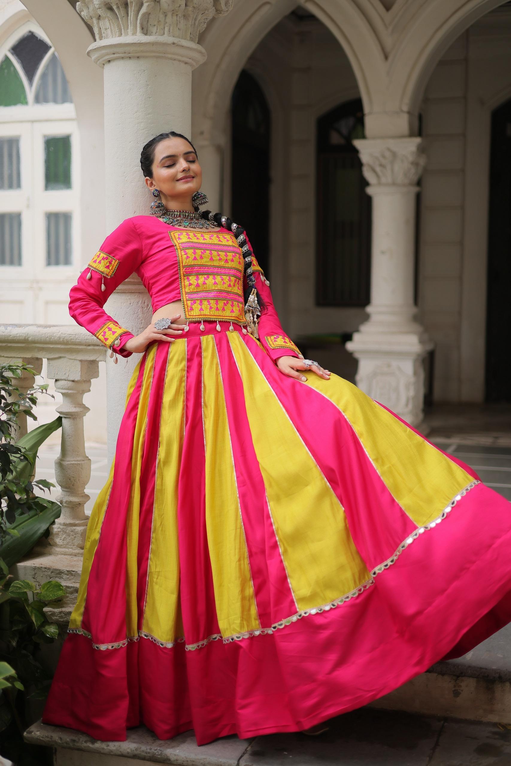 Womenline Dual Tone Pink and Yellow Color Roman Navratri Lehenga Choli