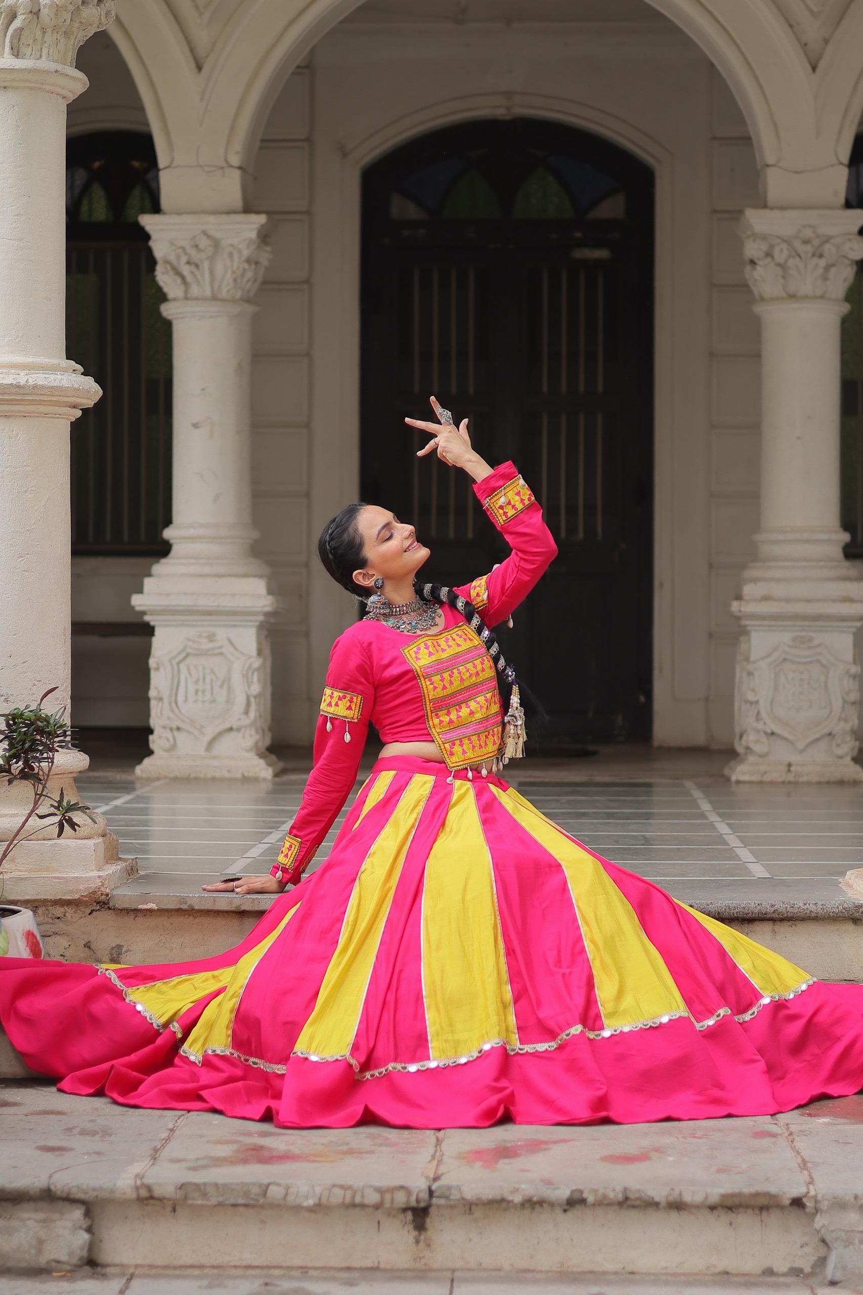 Womenline Dual Tone Pink and Yellow Color Roman Navratri Lehenga Choli