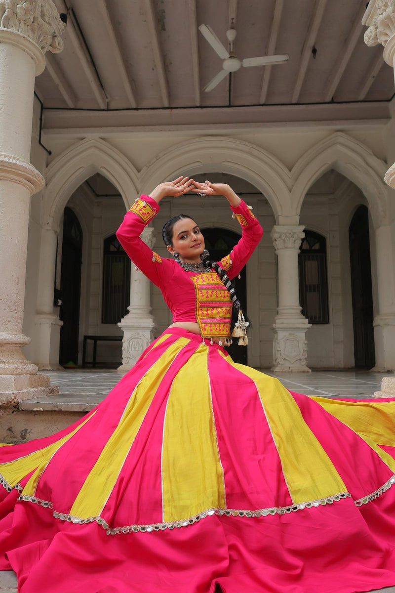 Womenline Dual Tone Pink and Yellow Color Roman Navratri Lehenga Choli