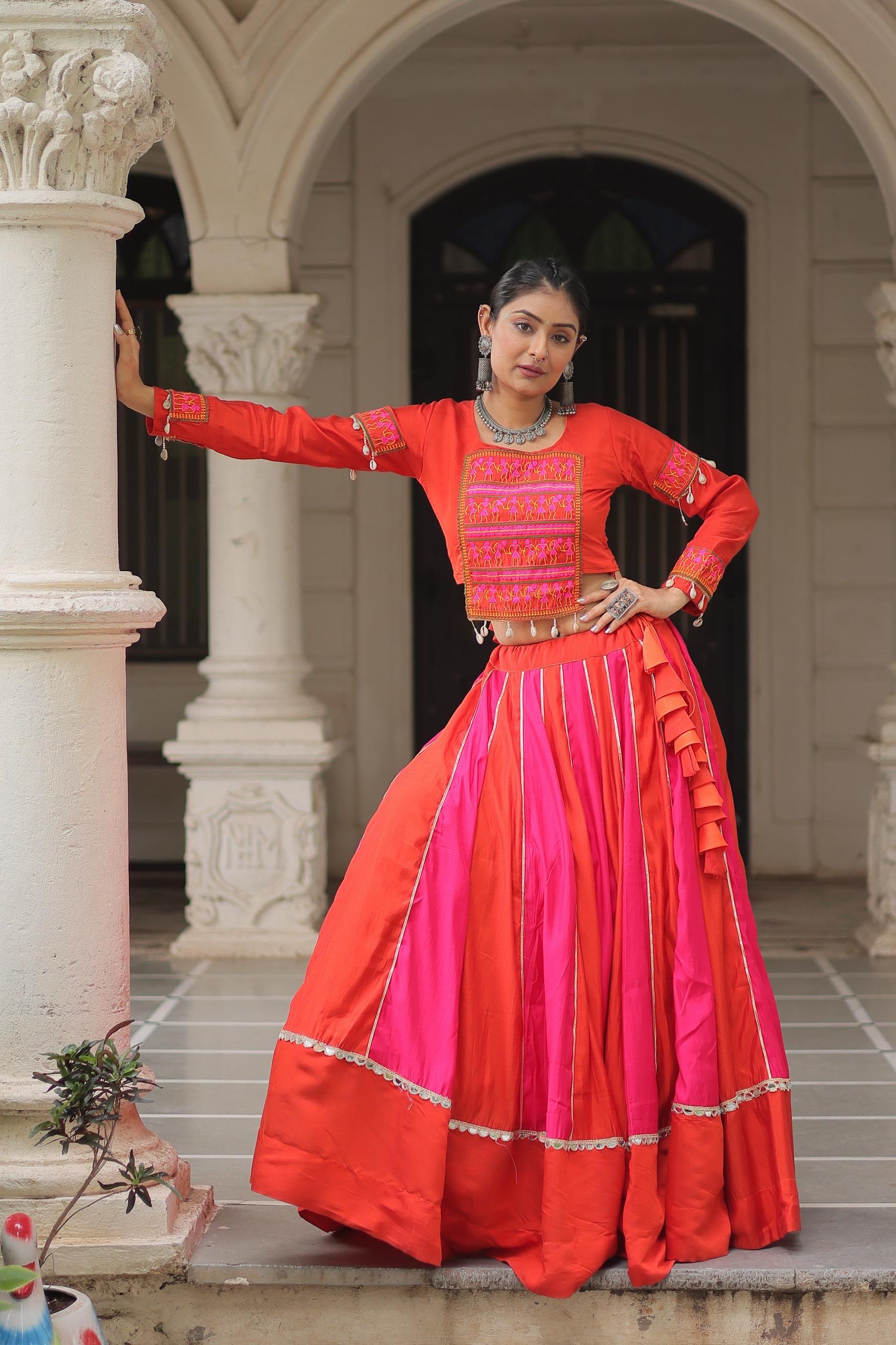 Womenline Dual Tone Pink and Orange Color Roman Navratri Lehenga Choli