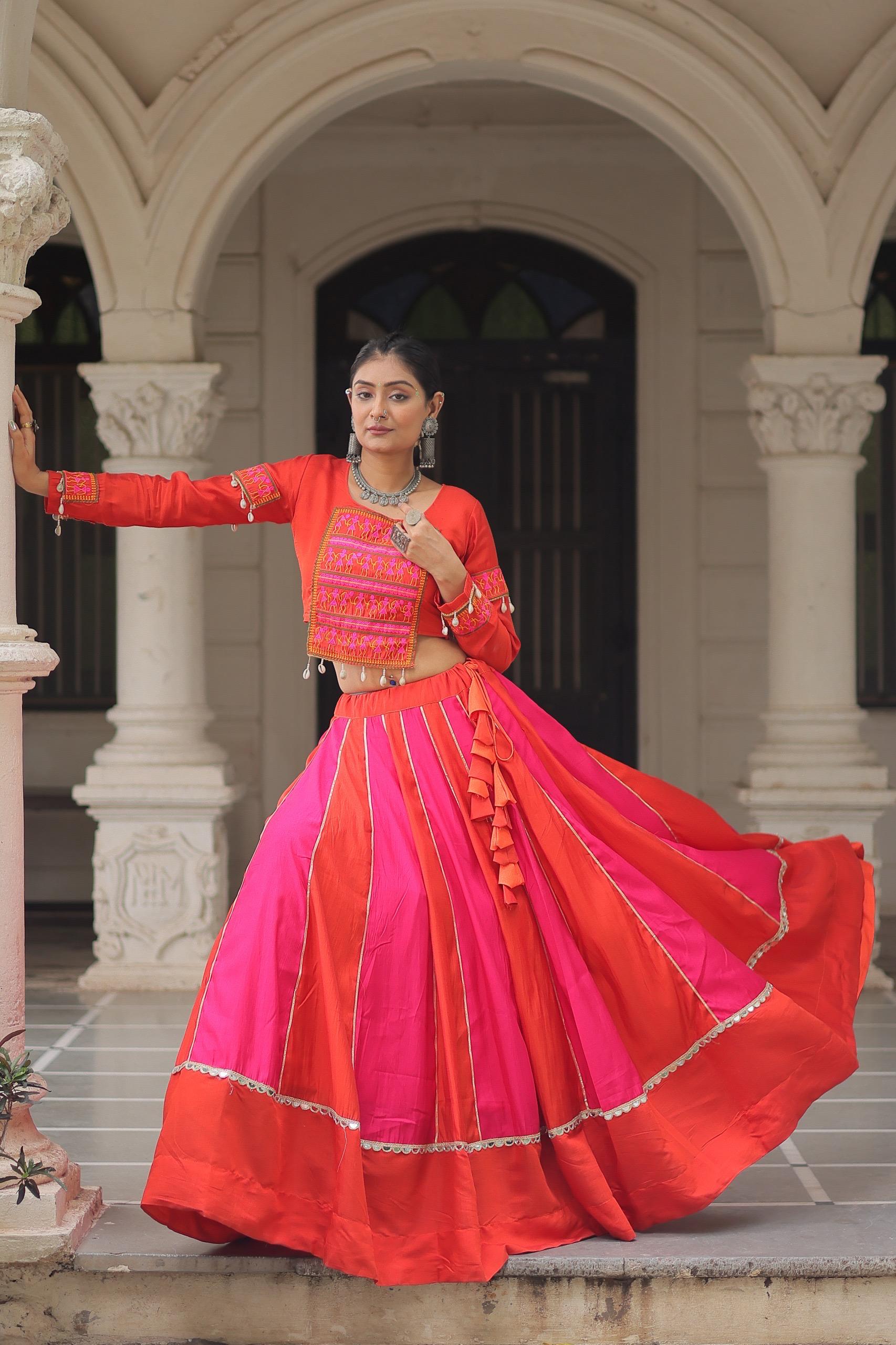Womenline Dual Tone Pink and Orange Color Roman Navratri Lehenga Choli