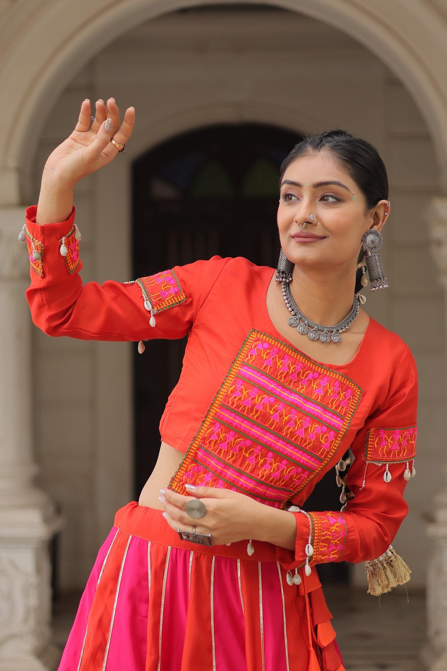 Womenline Dual Tone Pink and Orange Color Roman Navratri Lehenga Choli