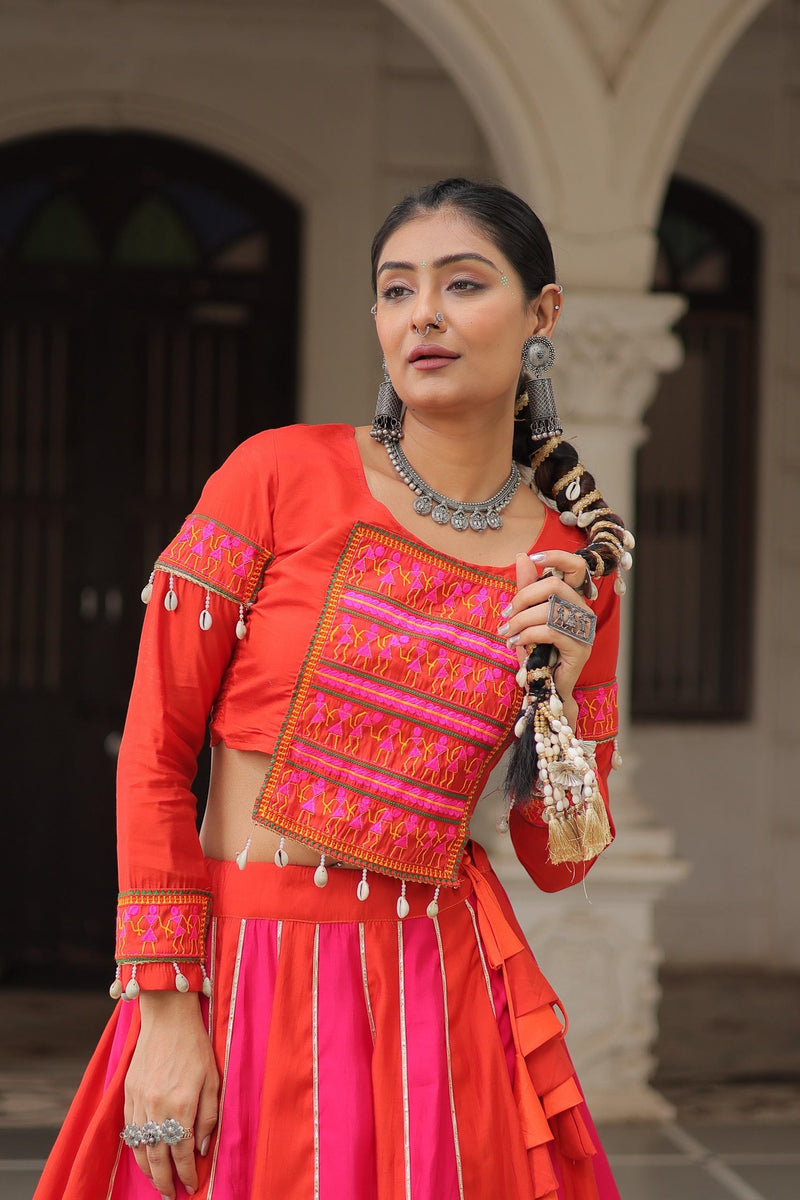 Womenline Dual Tone Pink and Orange Color Roman Navratri Lehenga Choli