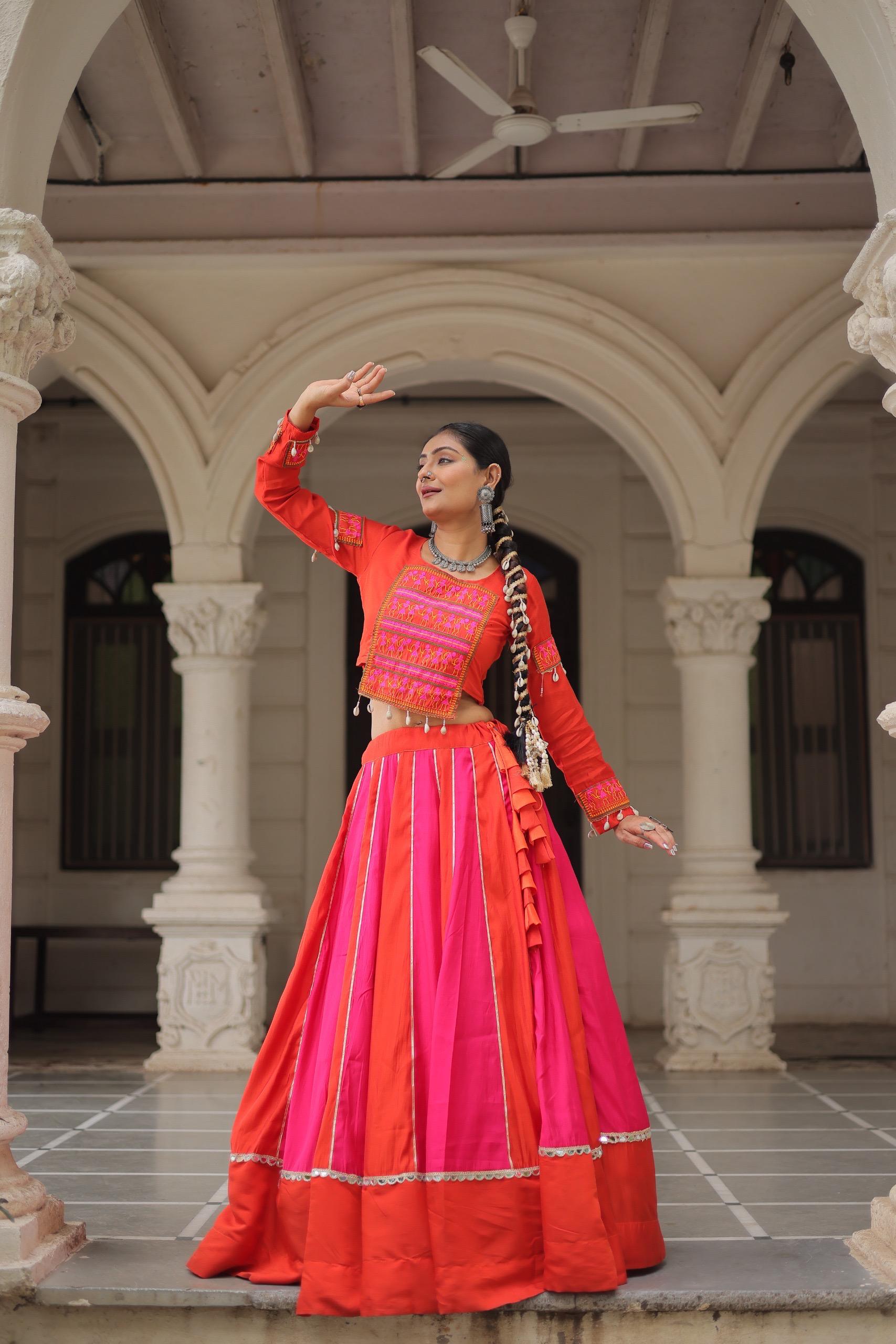 Womenline Dual Tone Pink and Orange Color Roman Navratri Lehenga Choli