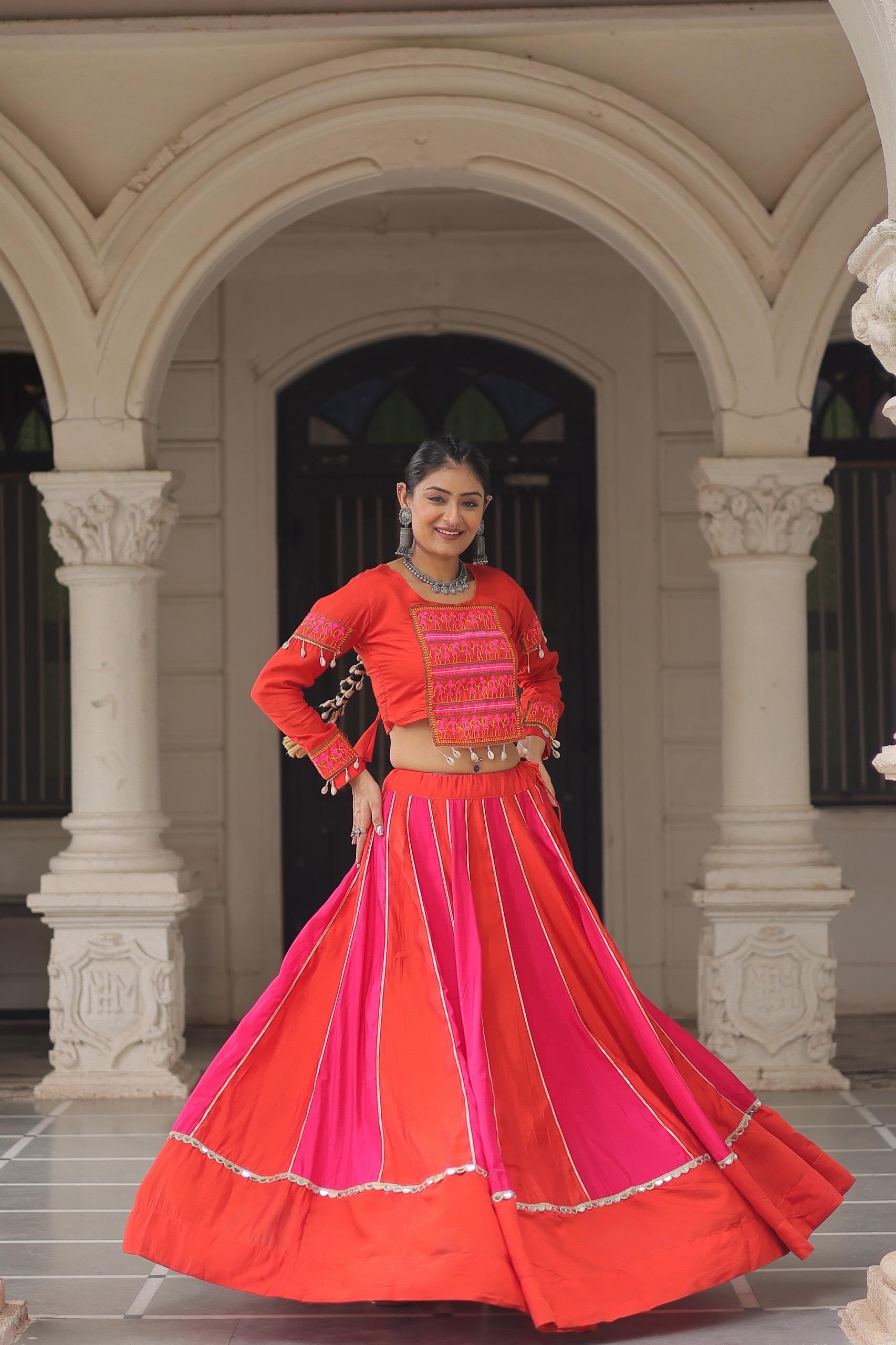 Womenline Dual Tone Pink and Orange Color Roman Navratri Lehenga Choli