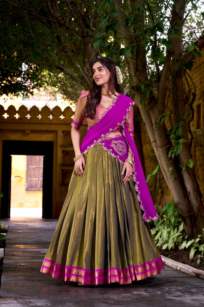 Womenline Designer Mehndi Color Kanchipuram Zari Weaving Half Saree