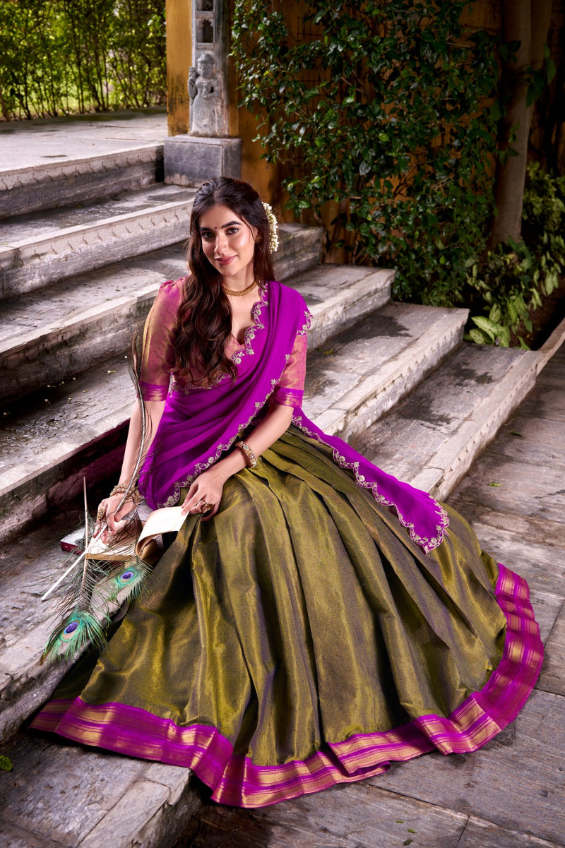Womenline Designer Mehndi Color Kanchipuram Zari Weaving Half Saree