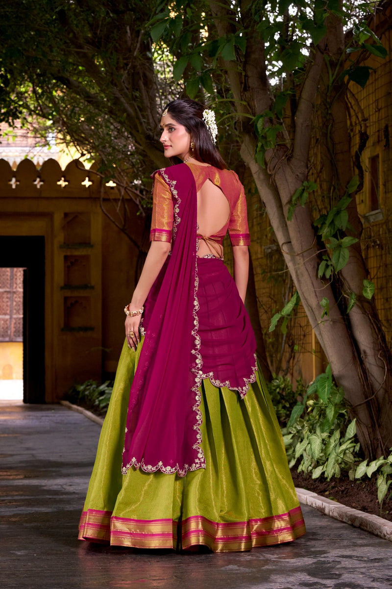 Womenline Designer Parrot Green Color Kanchipuram Zari Weaving Half Saree