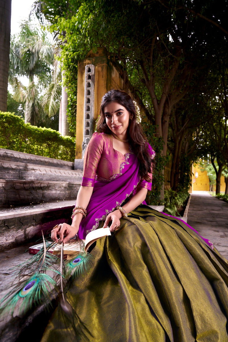 Womenline Designer Mehndi Color Kanchipuram Zari Weaving Half Saree