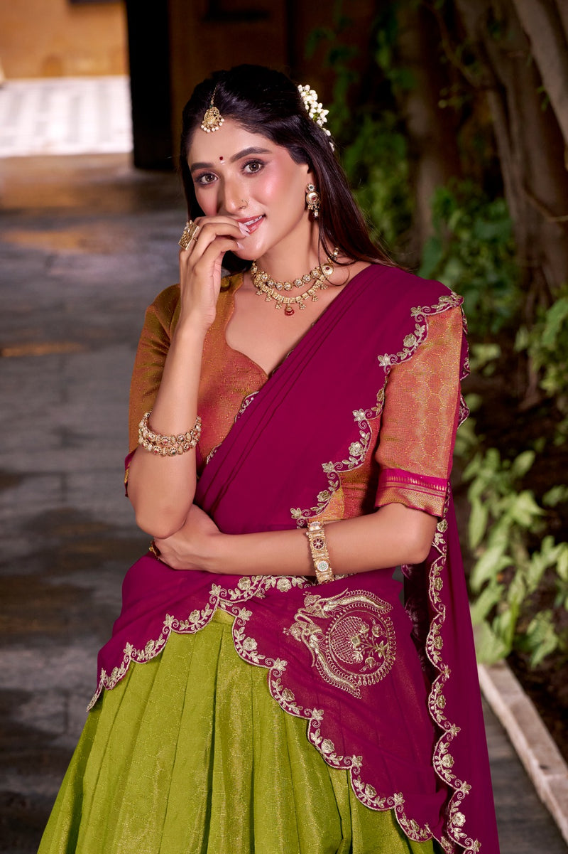 Womenline Designer Parrot Green Color Kanchipuram Zari Weaving Half Saree