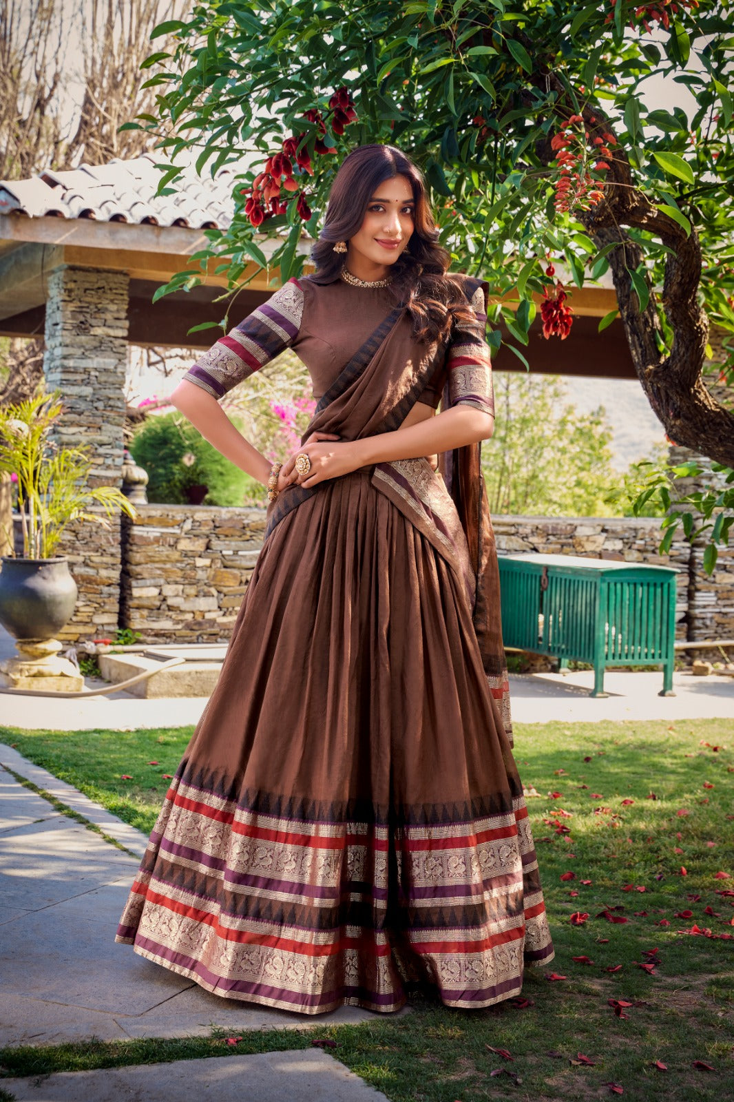 Womenline Brown Color Pure Chanderi Plain Half Saree