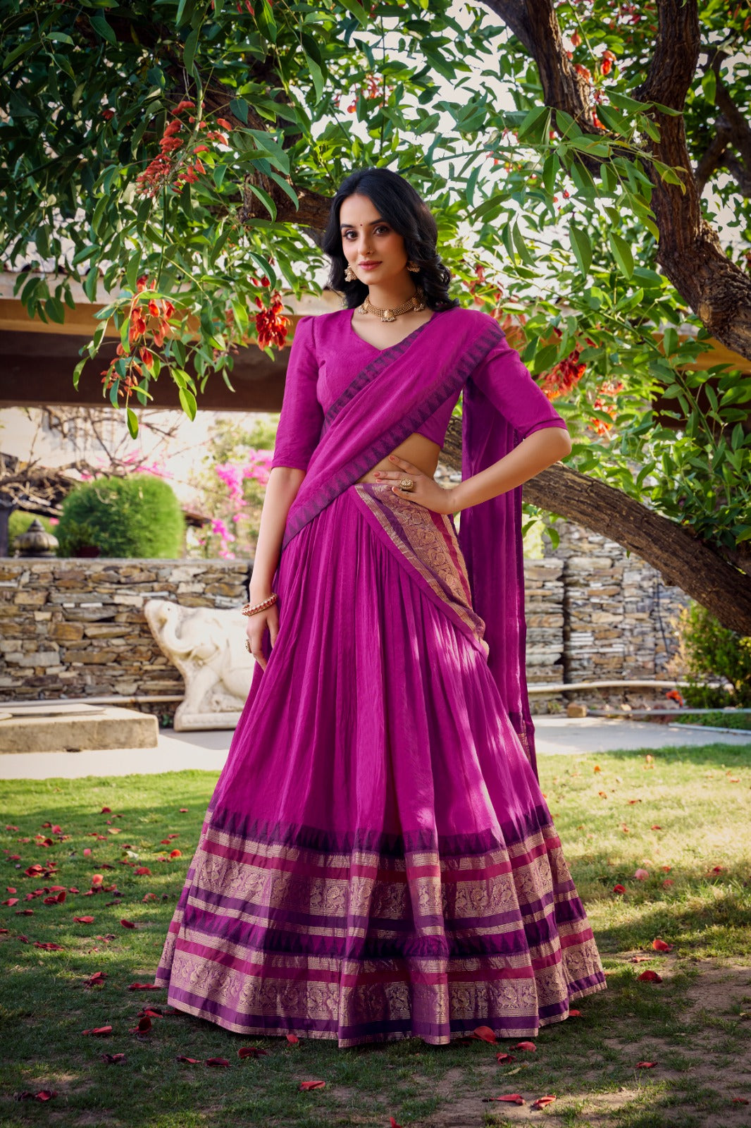 Womenline Pink Color Pure Chanderi Plain Half Saree
