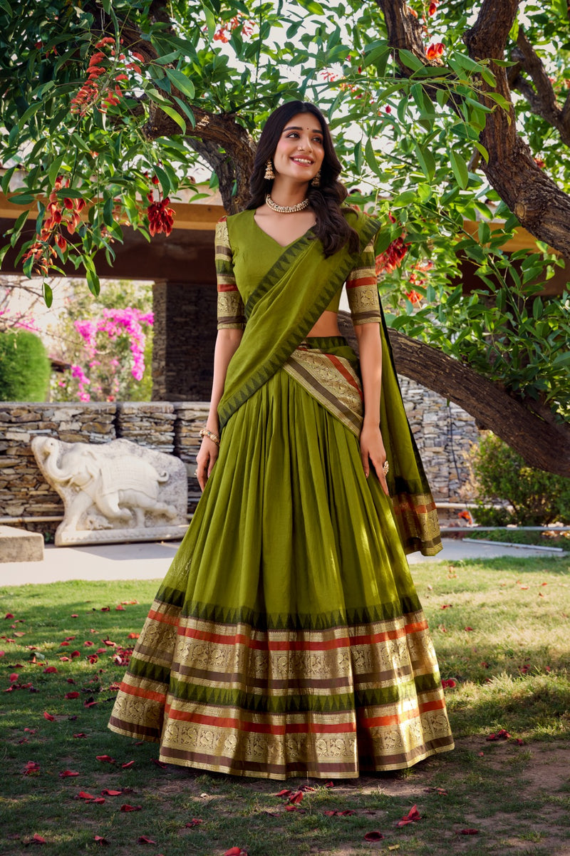 Womenline Mehndi Color Pure Chanderi Plain Half Saree