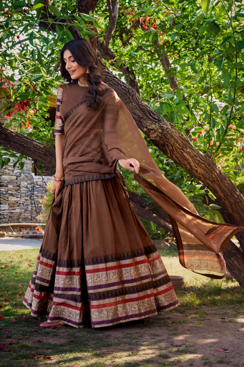 Womenline Brown Color Pure Chanderi Plain Half Saree