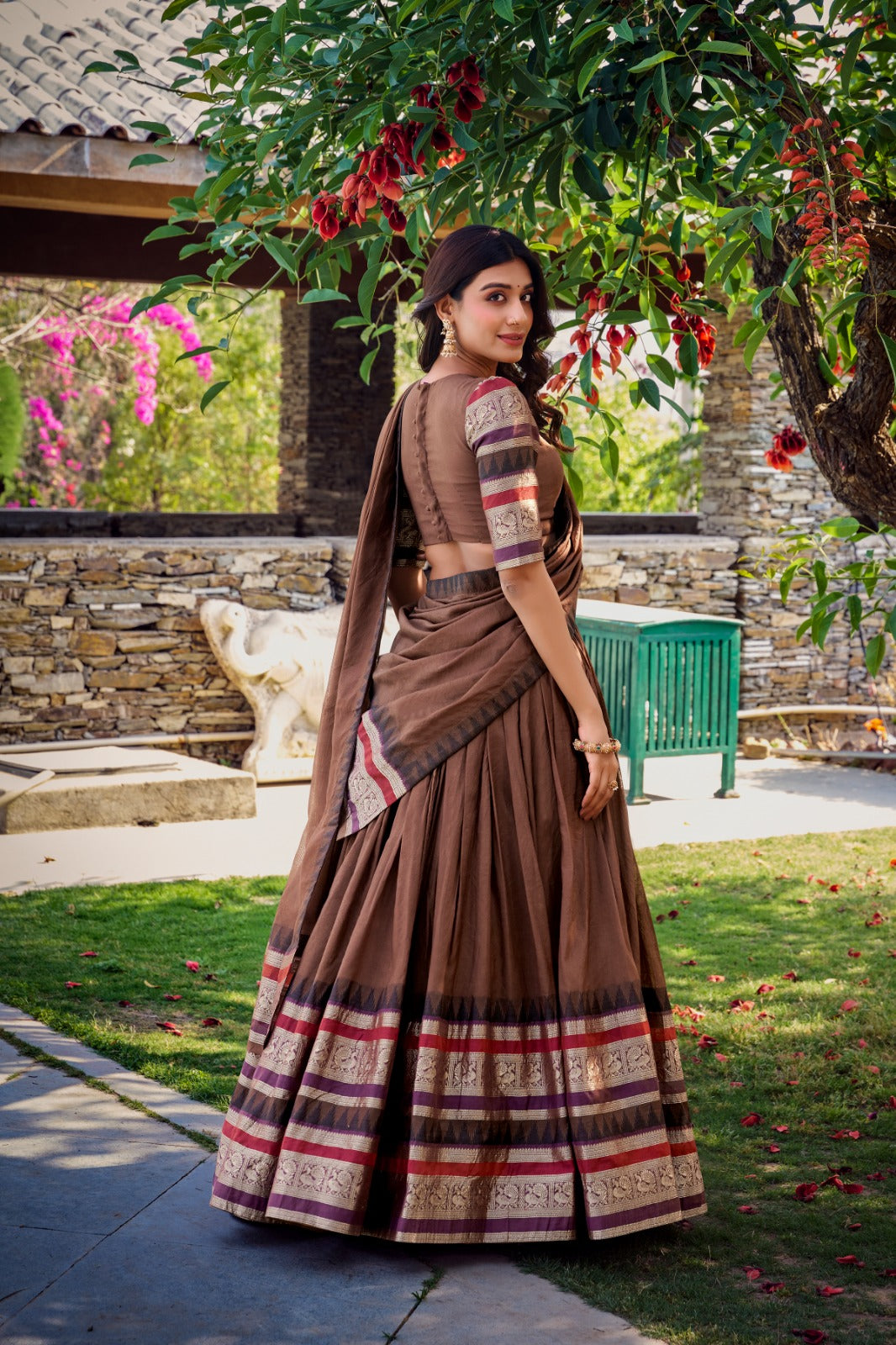 Womenline Brown Color Pure Chanderi Plain Half Saree